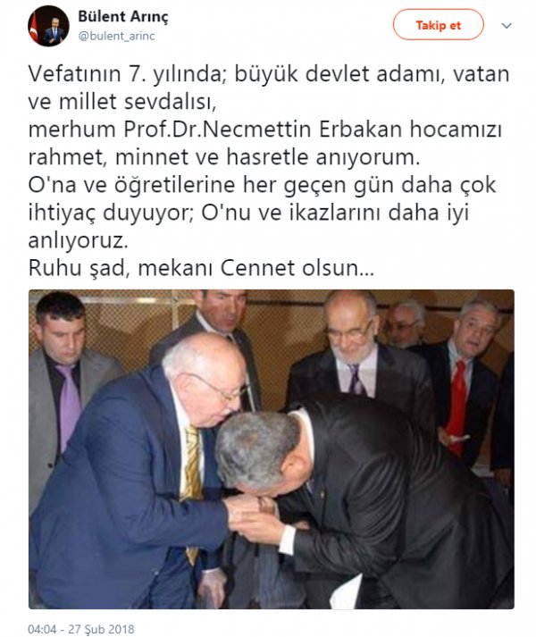 Bülent Arınç'tan Erbakan paylaşımı